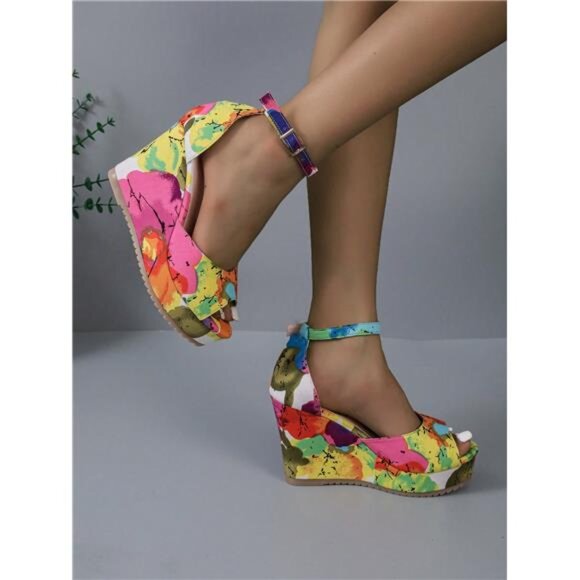 BRAND NEW New Floral Retro Print Fashion Thick Bottom Wedge Heel - Picture 4 of 6